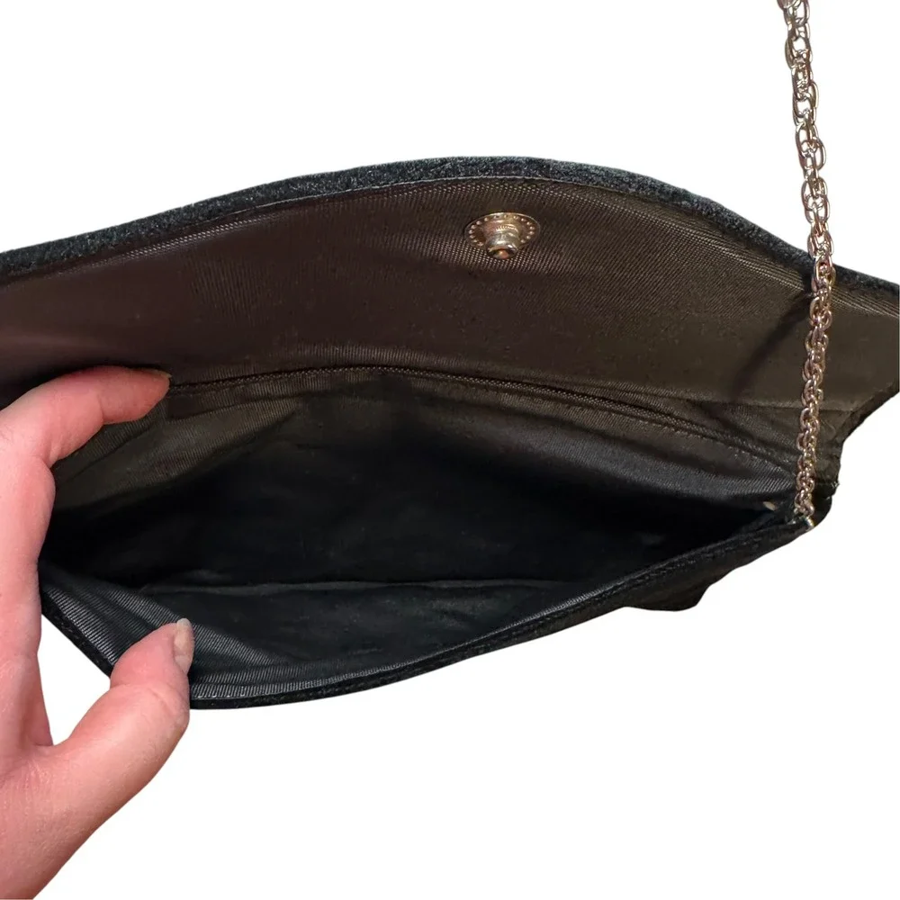 Unbranded Black Velvet Rhinestone Trim Clutch Bag Small Evening Formal Elegant